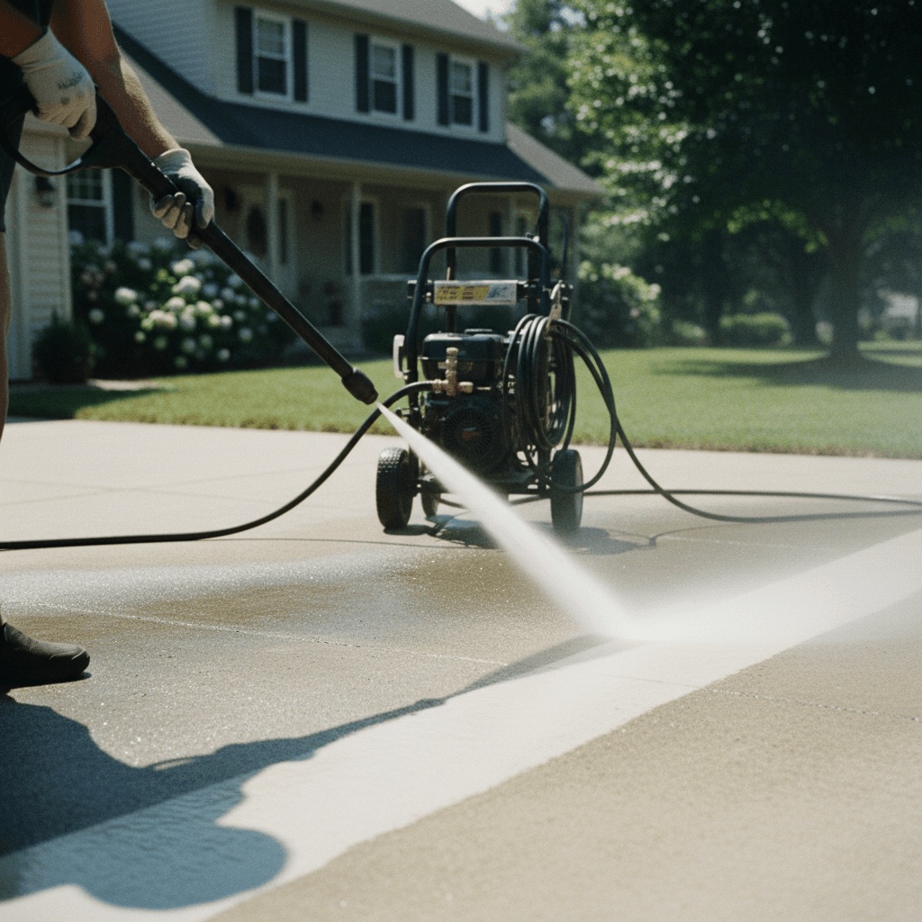 Power washing a concrete driveway