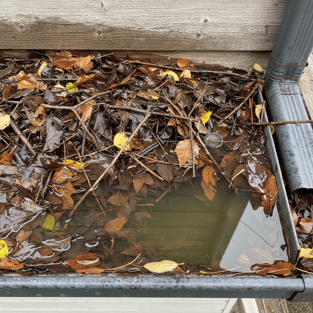 Gutter clogged with leaves and standing water