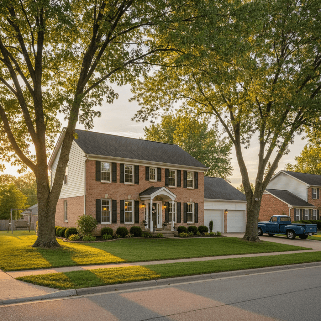 Suburban home in Harrisonville with clean gutters
