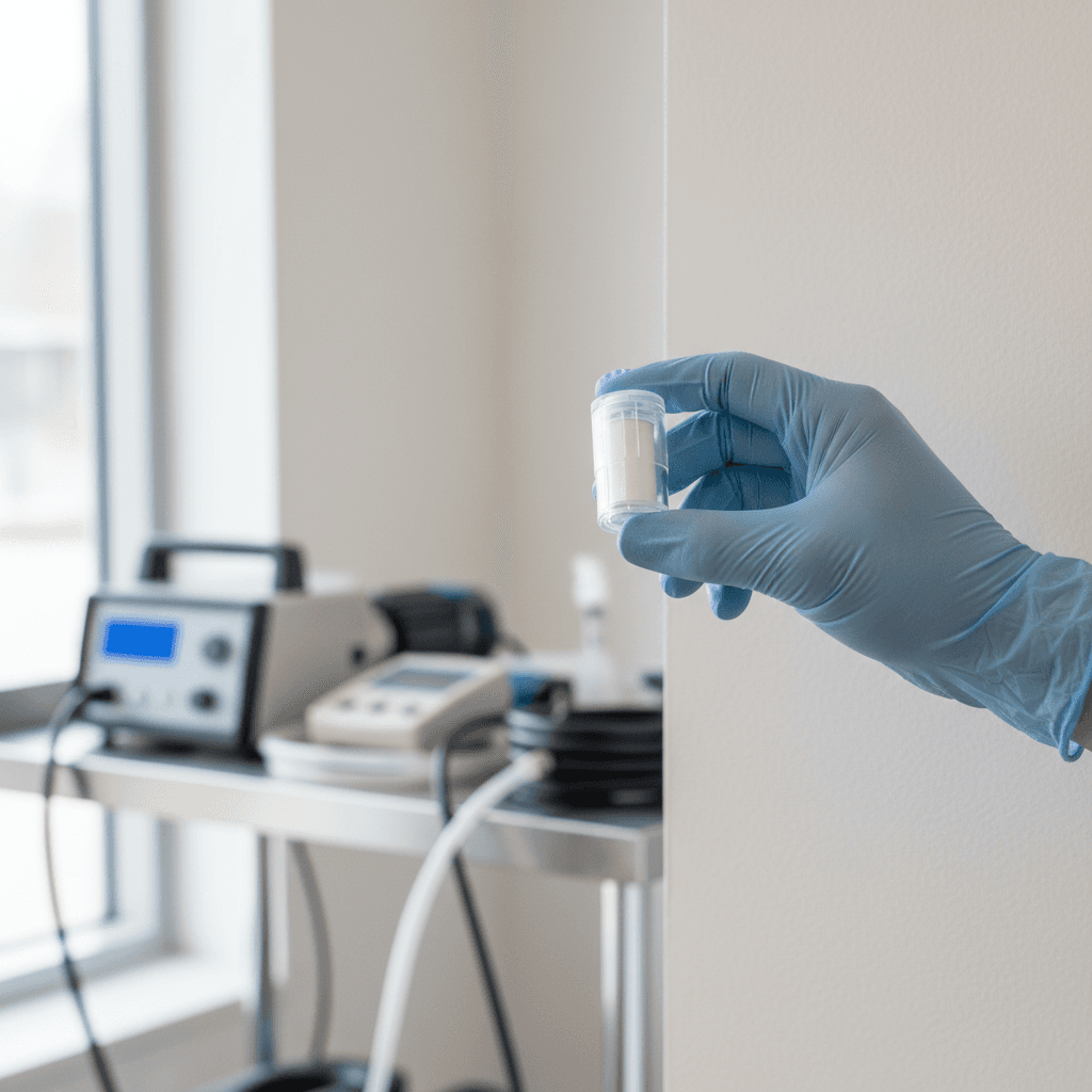 Gloved hand holding an air sampling cassette near a wall