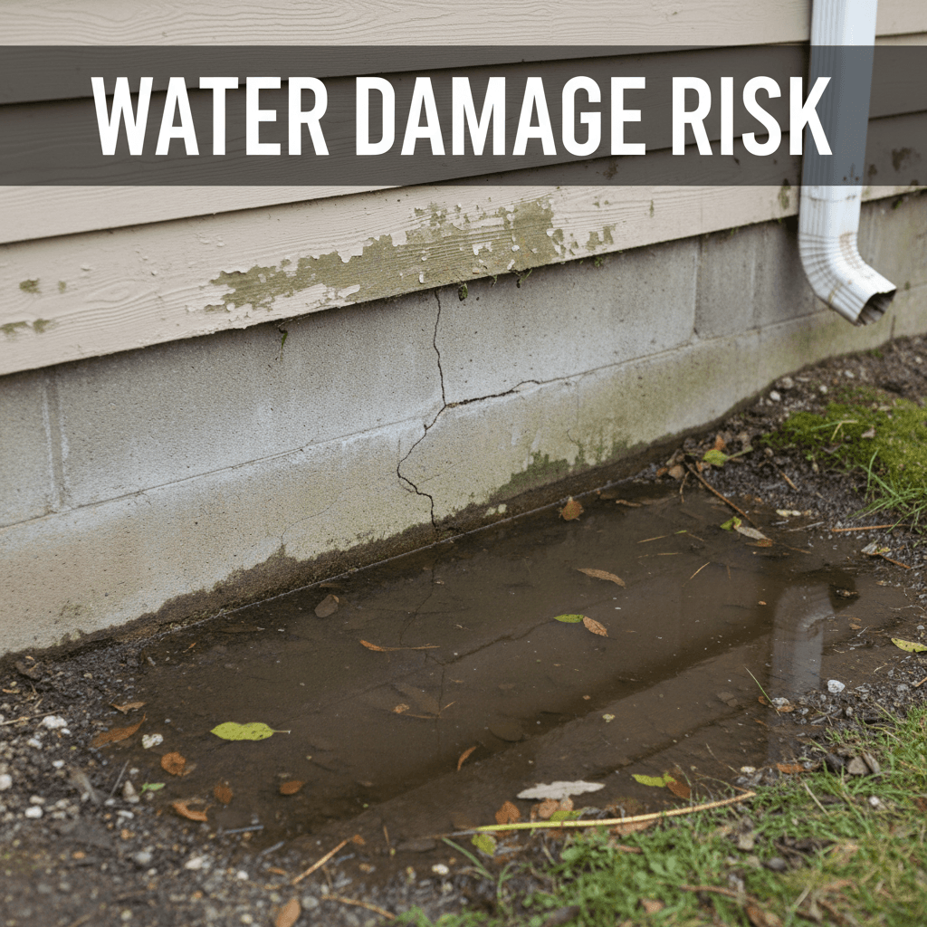 Water pooling against a home's concrete foundation