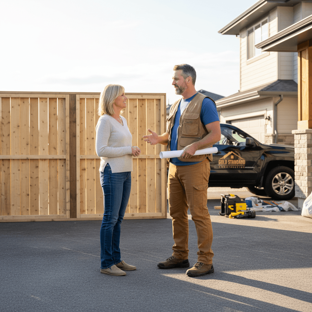 Contractor talking with a homeowner in a driveway