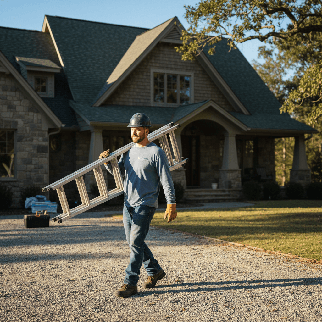 Contractor carrying a ladder toward a house