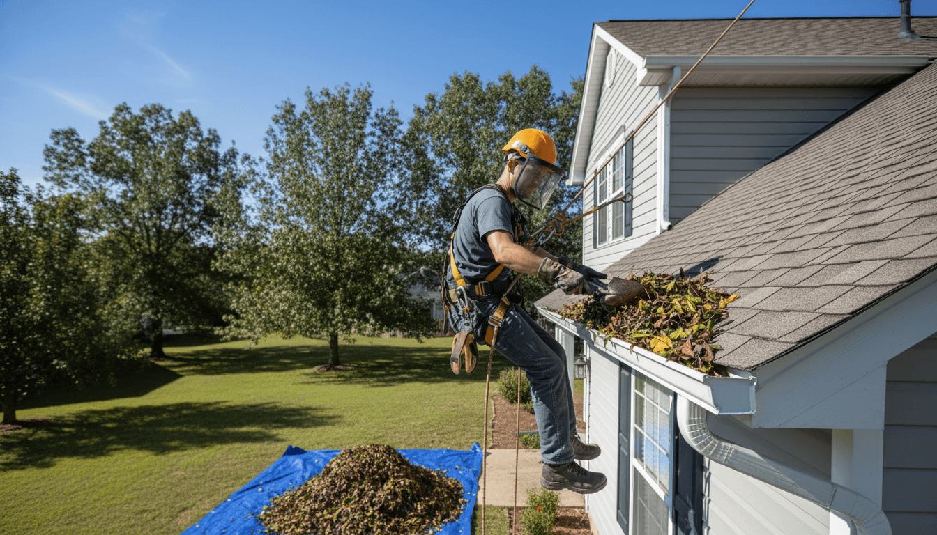 Gutter cleaner removing debris from a home's gutter system in Harrisonville, Missouri