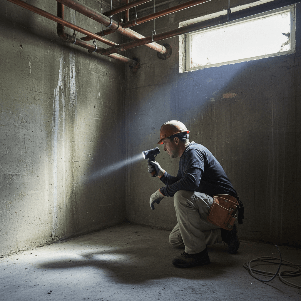 Contractor inspecting a basement corner with a flashlight