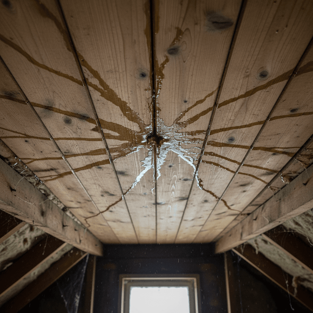 Water stain on attic ceiling boards