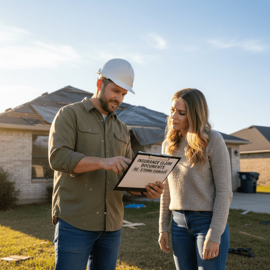 Contractor showing insurance paperwork to a homeowner