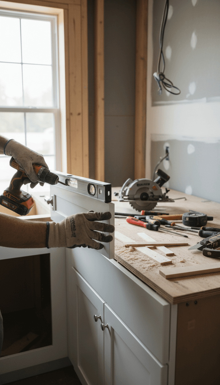 Contractor hands installing a cabinet during a kitchen remodel