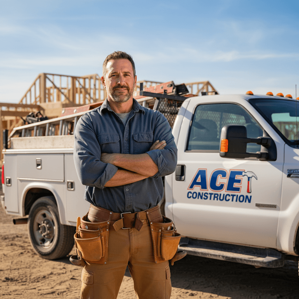 Male contractor standing in front of his work truck