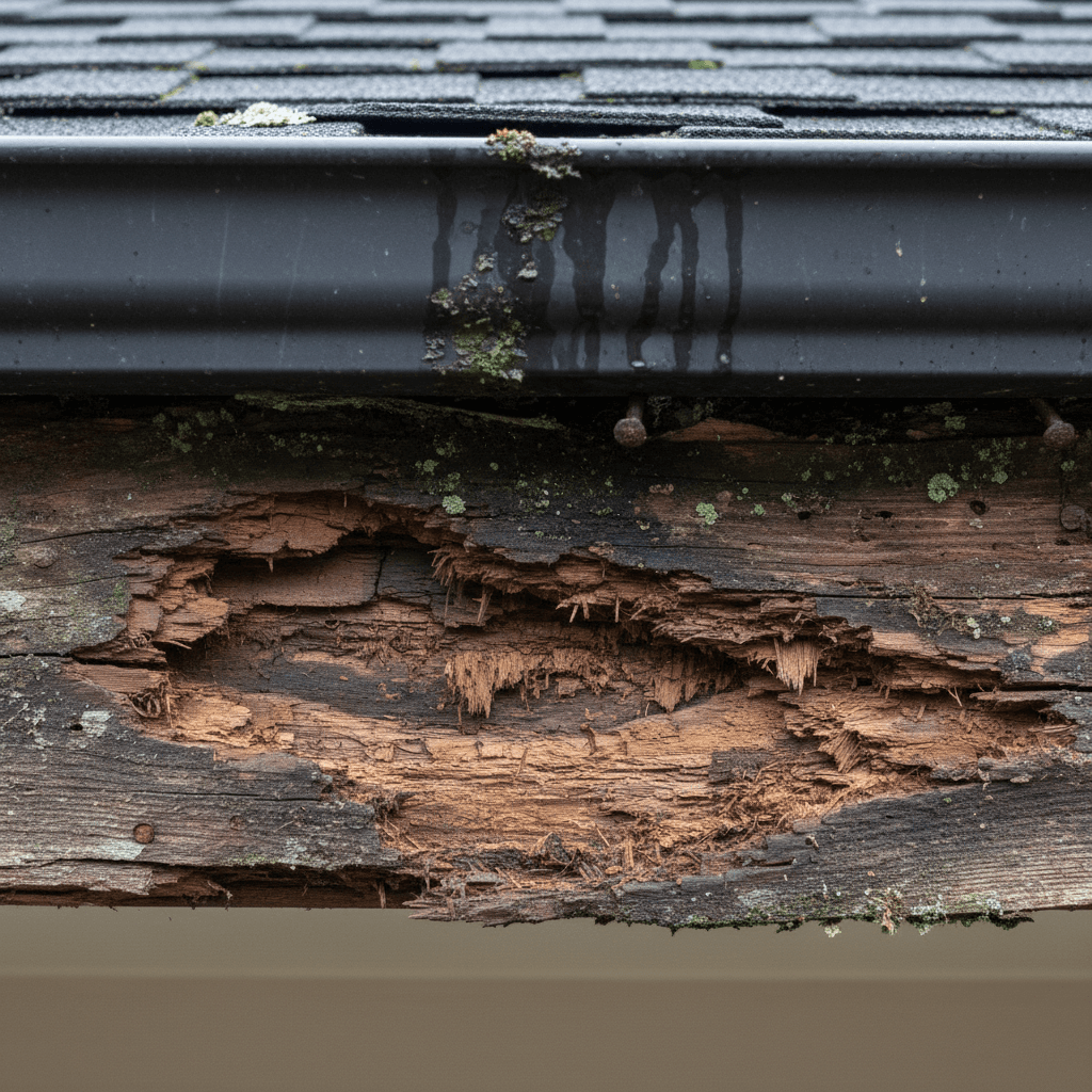 Rotted fascia board along the roofline due to clogged gutters