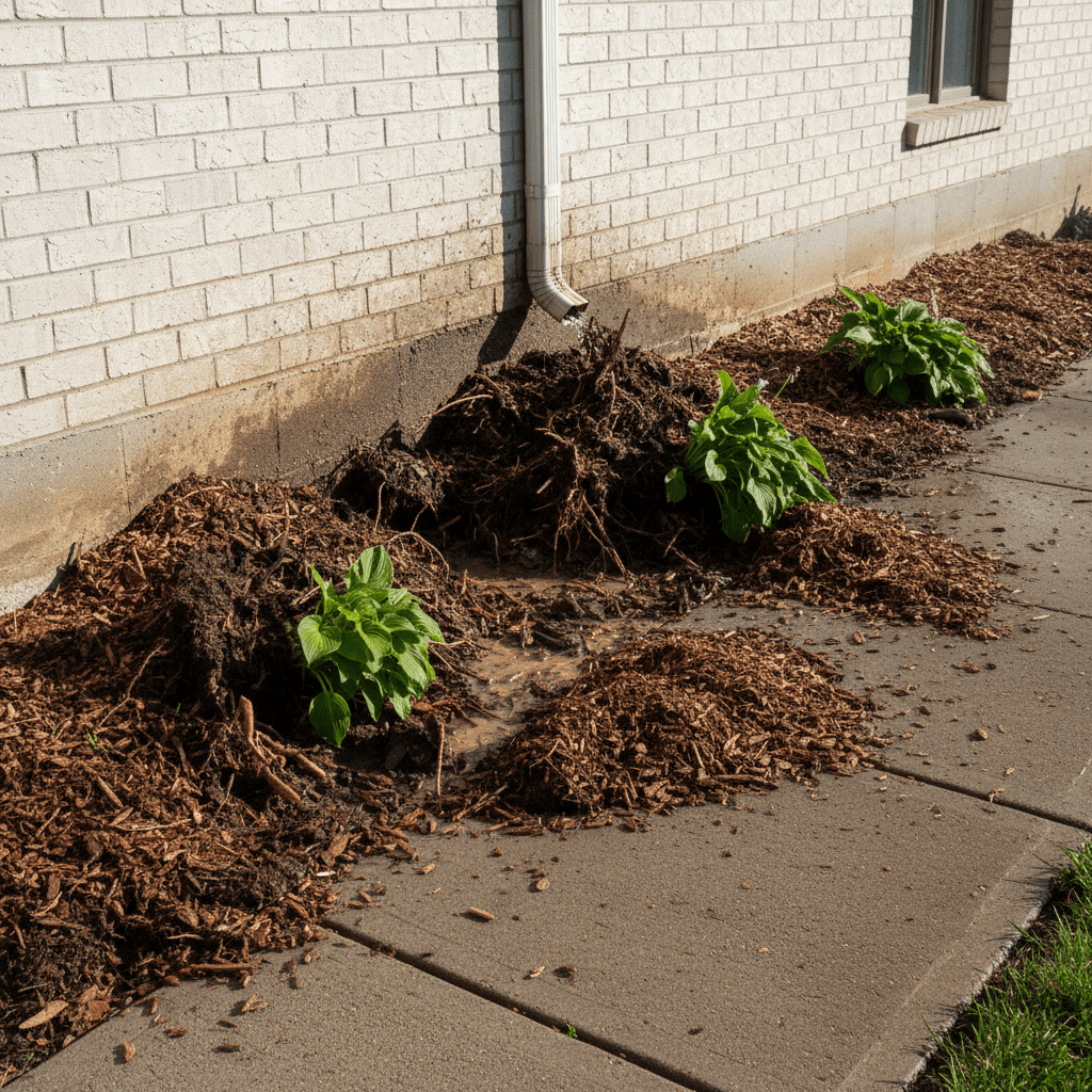 Eroded landscaping and washed-away mulch near the home