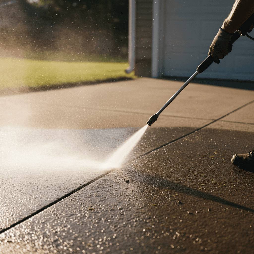 Pressure washer spray hitting weathered driveway concrete, creating dramatic cleaning contrast and water mist in bright sunlight