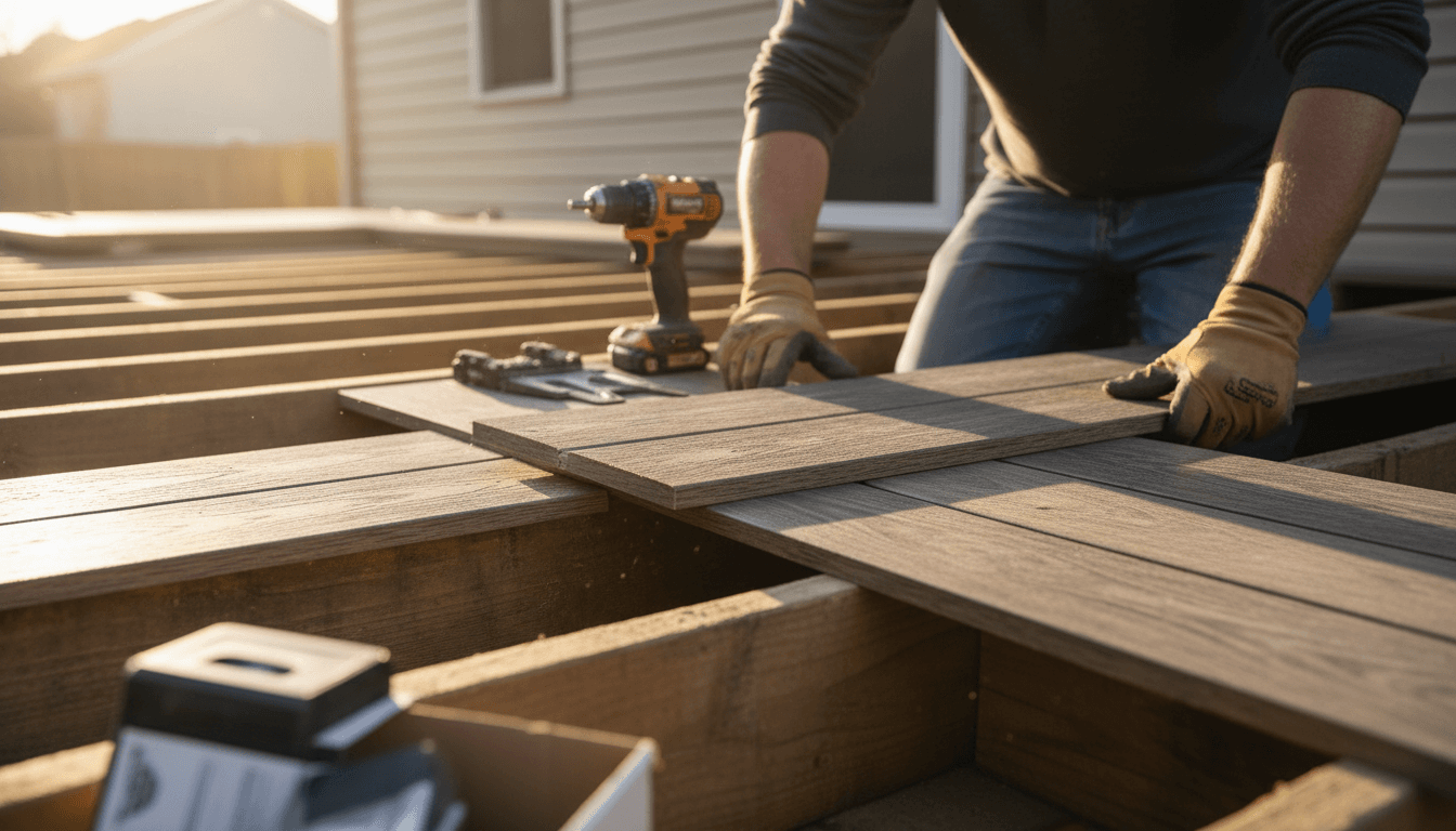 Contractor on a new wooden deck in Harrisonville